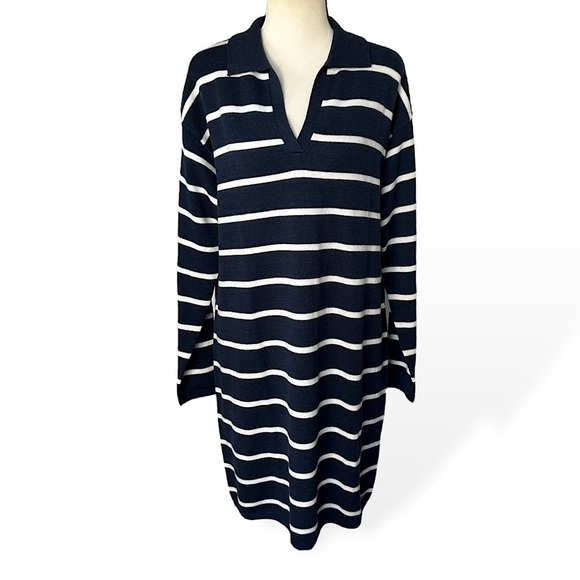 3/$20 💥 Nautica Long Sleeve Dress Collared V-Neck Navy Blue & White Stripe - Picture 1 of 16